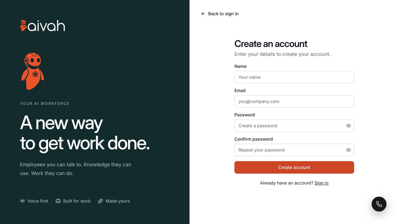 Create an account form with Name, Email, Password and Confirm password.