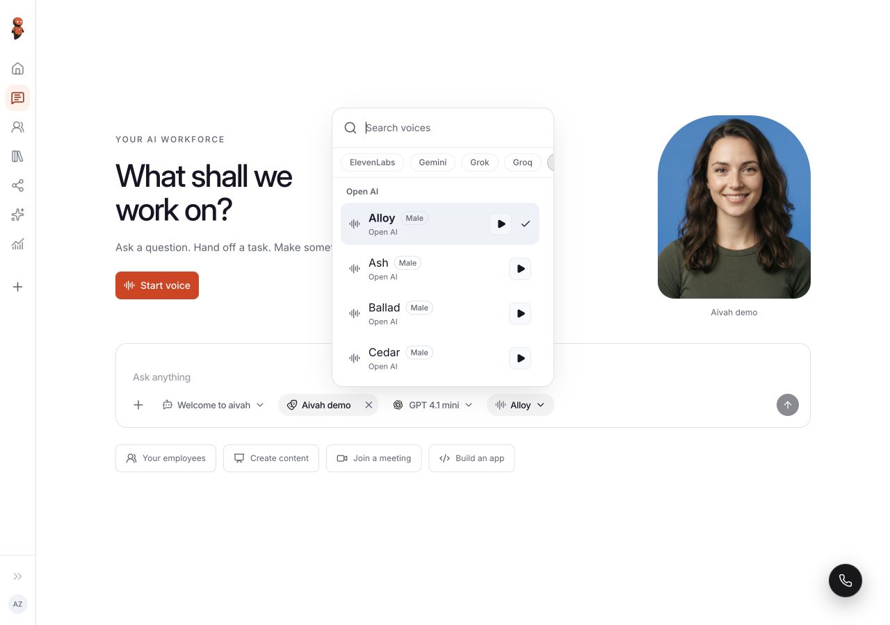 Chat voice picker with search, provider categories, selected Alloy voice and sample playback buttons.