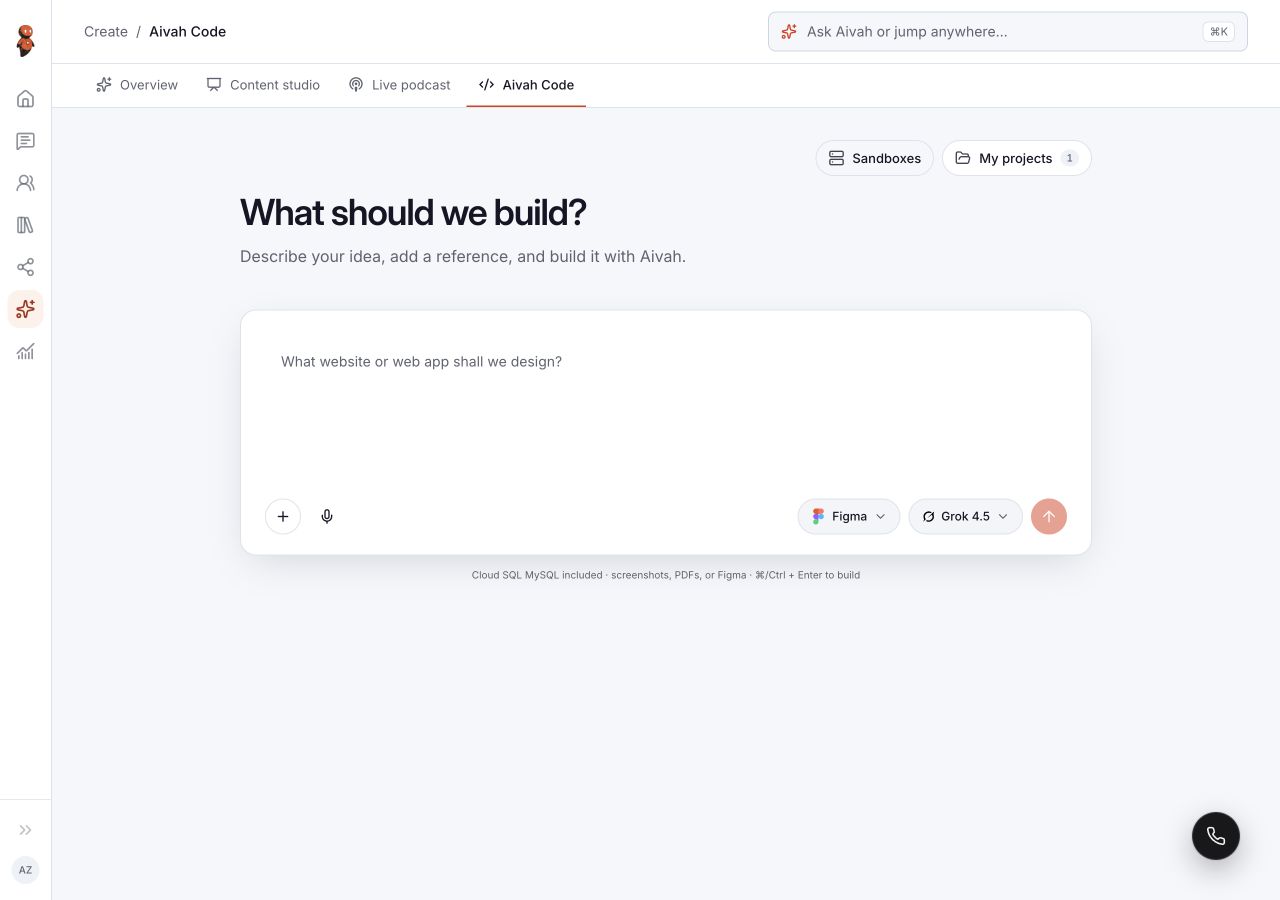 Aivah Code start screen with a project brief, attachment, Figma, model and Build now controls.
