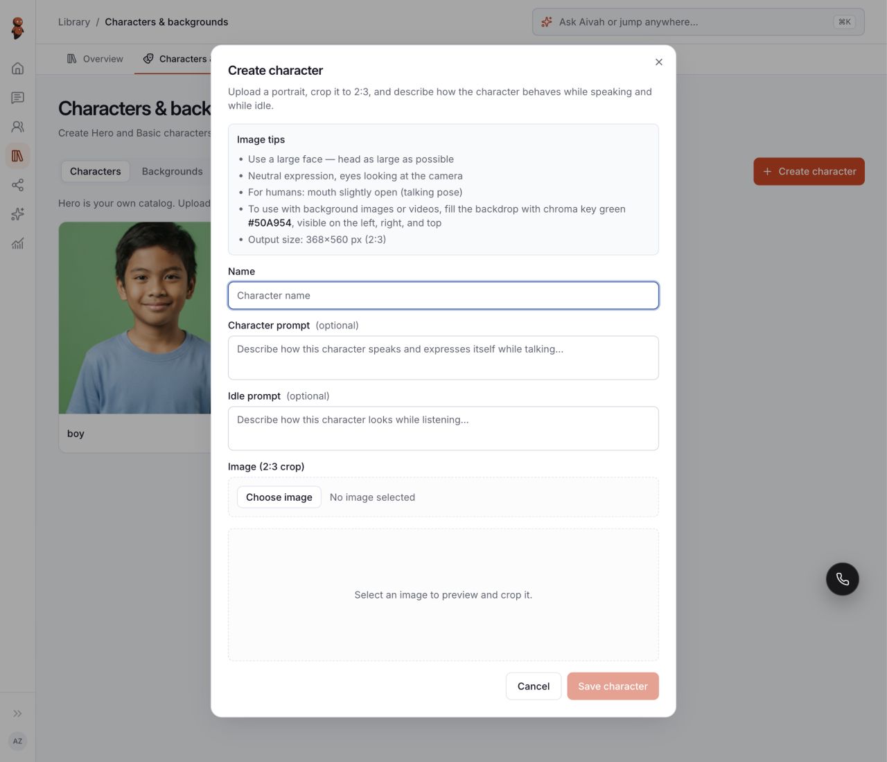 Create character form with Name, Character prompt, Idle prompt, image upload, Cancel, and disabled Save character.