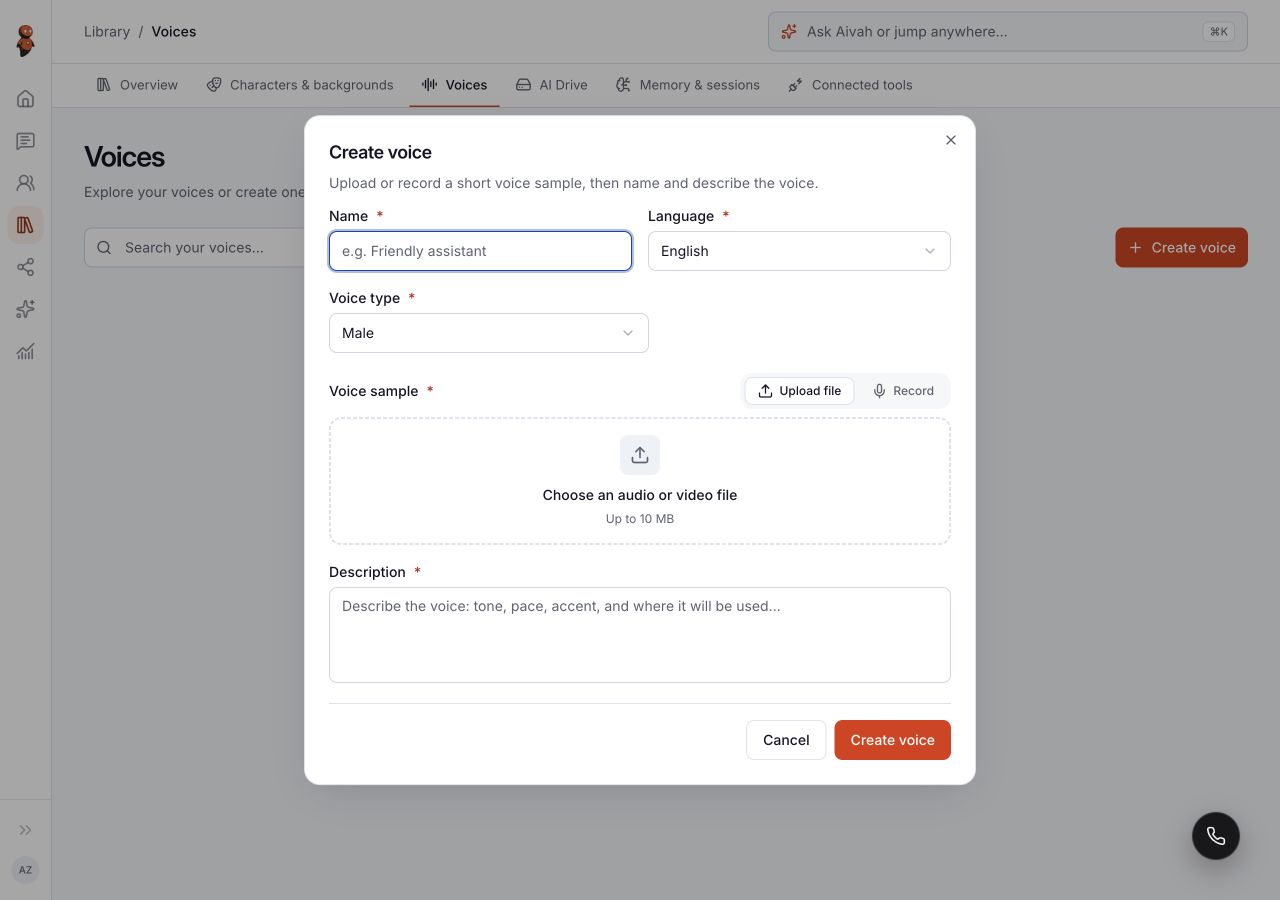 Create voice form with name, language, voice type, Upload file and Record tabs, description, and actions.