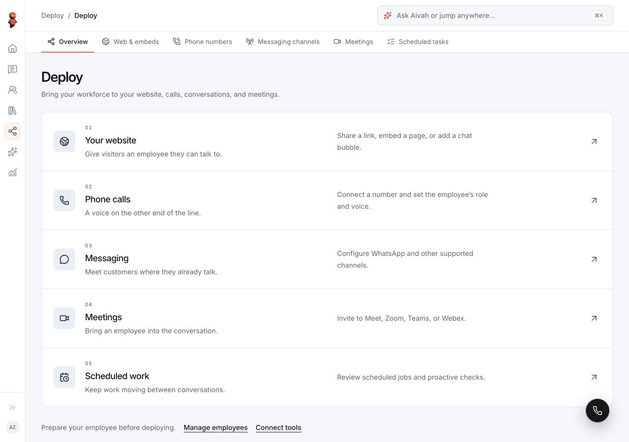 Deploy overview with Web & embeds, Phone numbers, Messaging channels, Meetings, and Scheduled tasks.