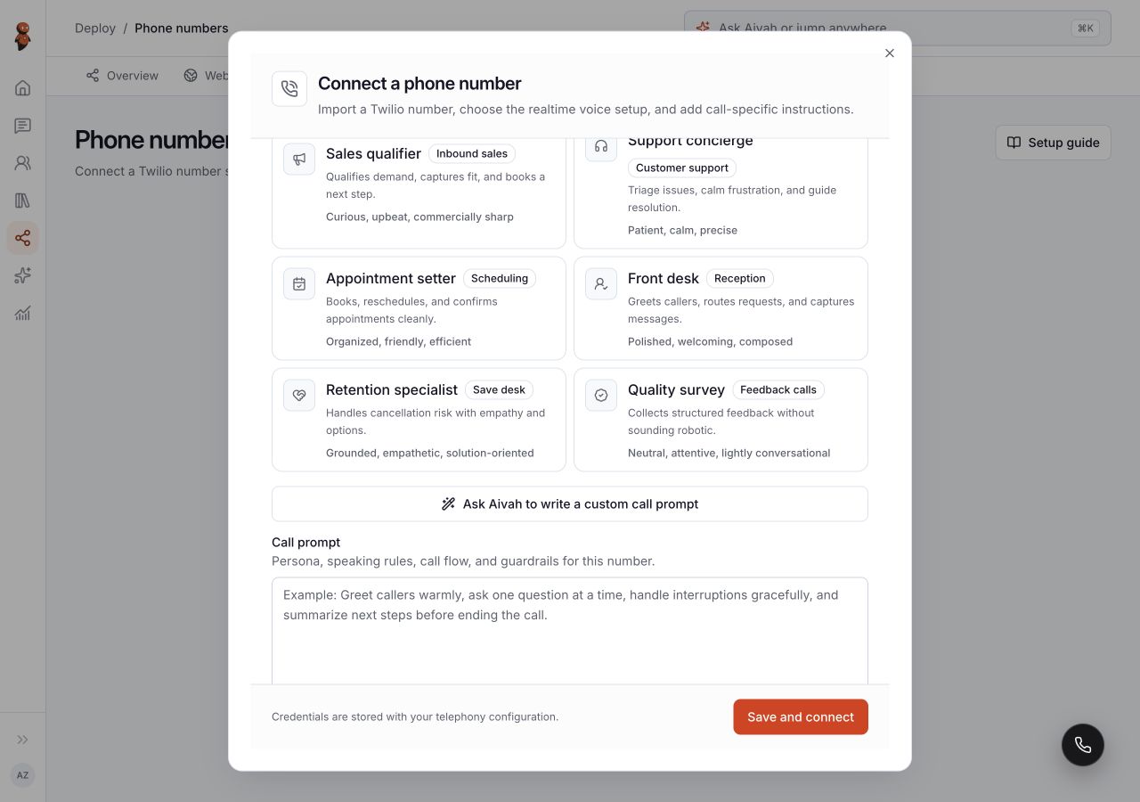 Lower phone setup form with call persona presets, custom call prompt, and Save and connect.