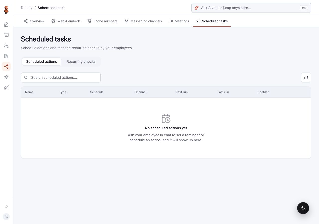 Scheduled tasks with Scheduled actions and Recurring checks tabs, search and an empty actions table.