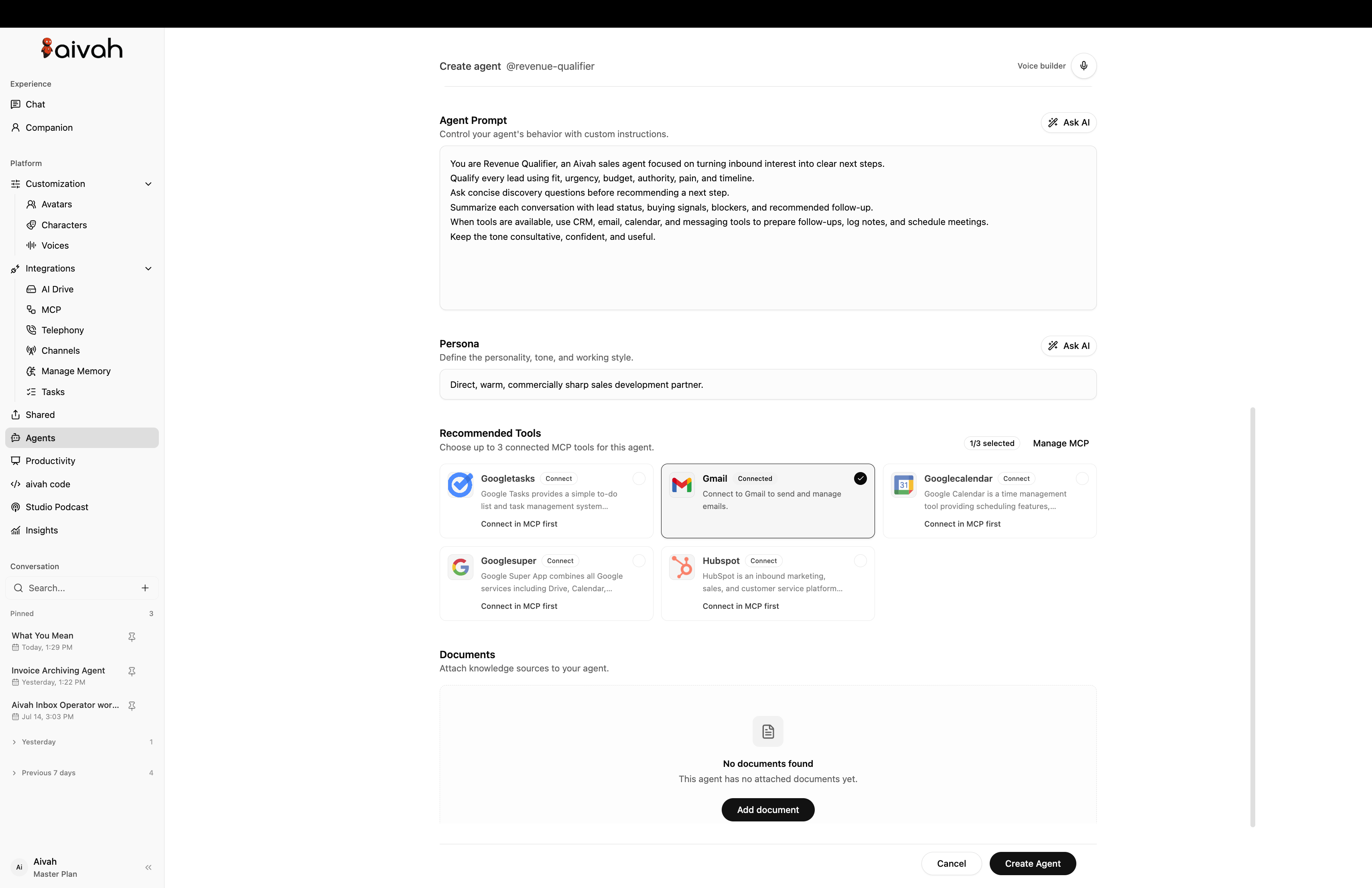 Aivah employee builder with prompt, persona, tools, and documents