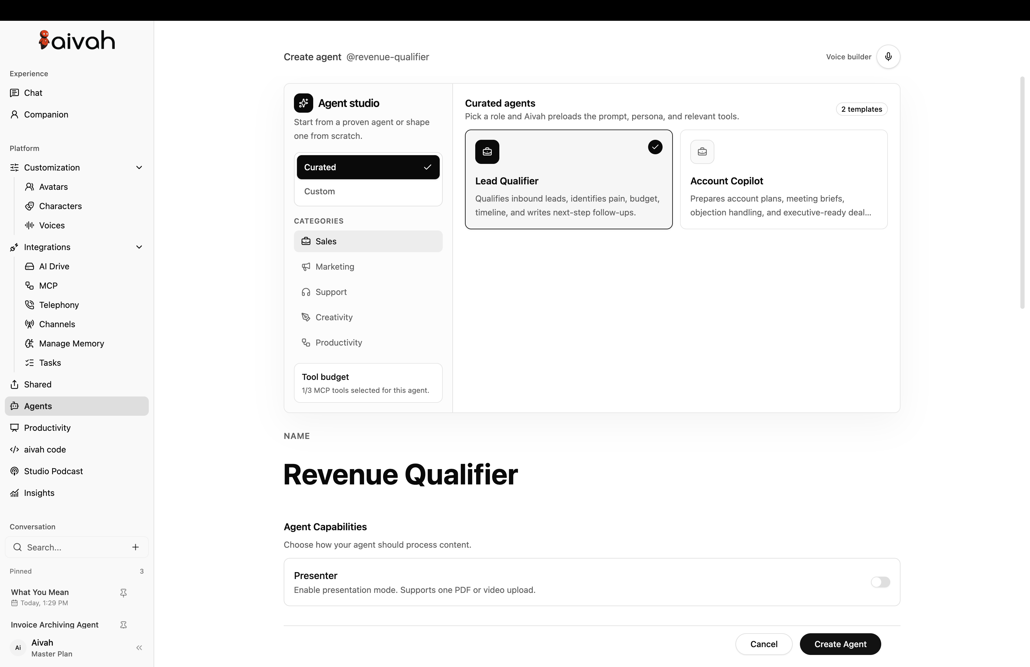 Aivah Agent Studio showing curated employee roles