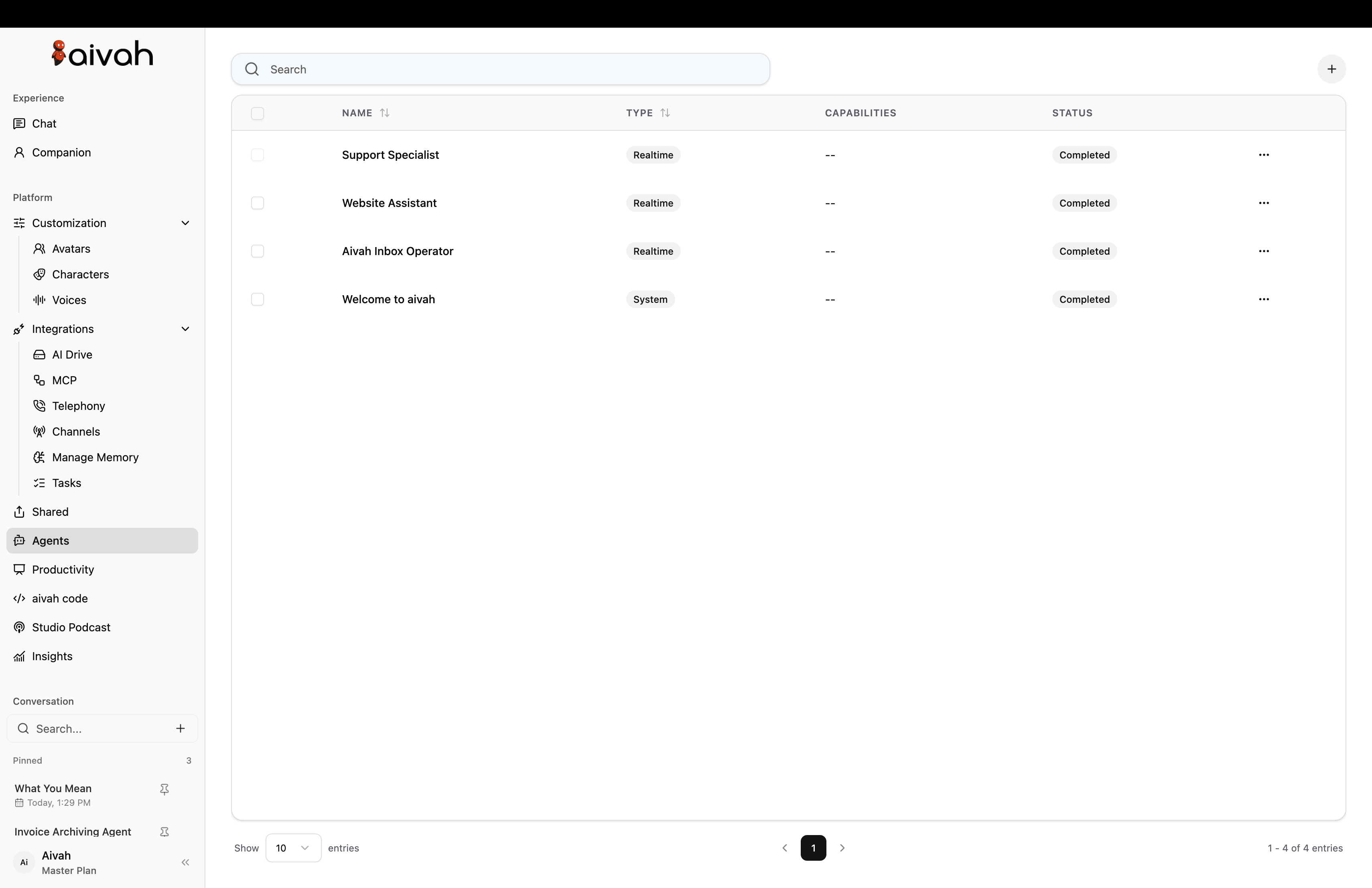 Aivah Agents list with the add control