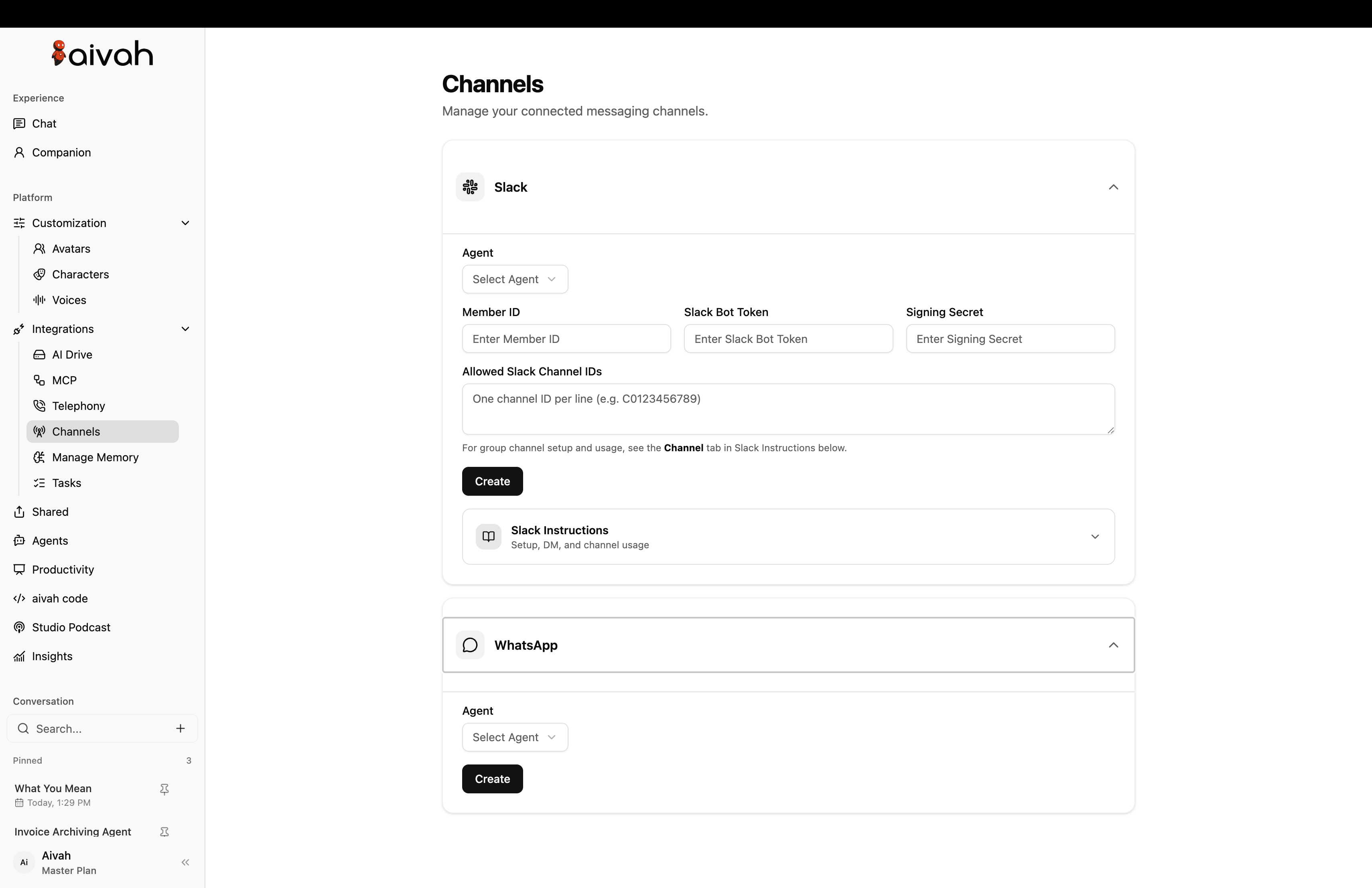 Current Aivah Slack and WhatsApp channel controls