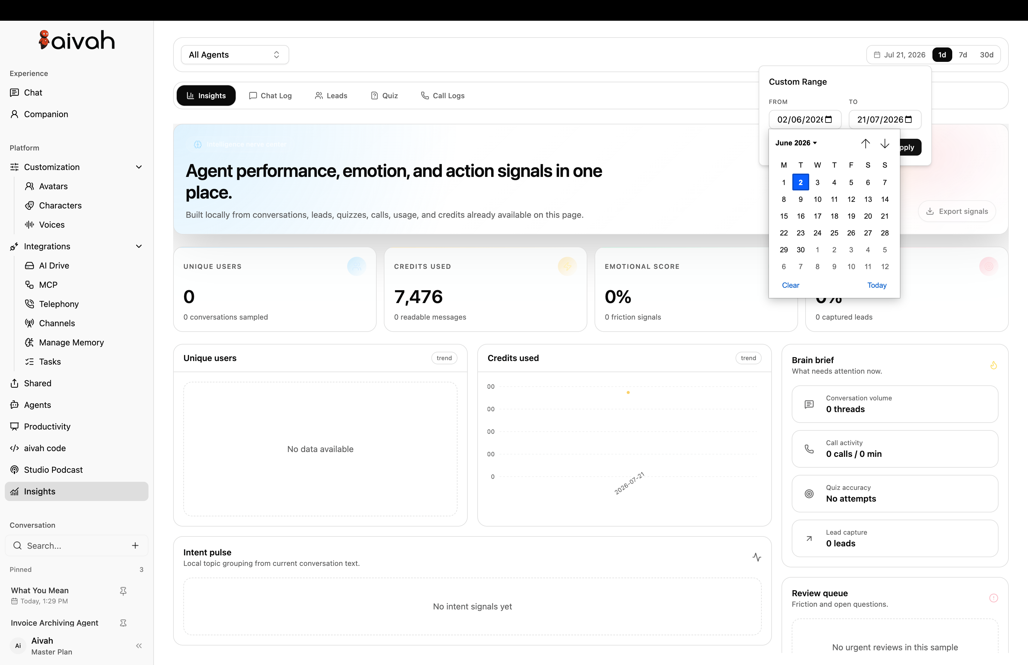 Current Aivah Insights custom date range selector