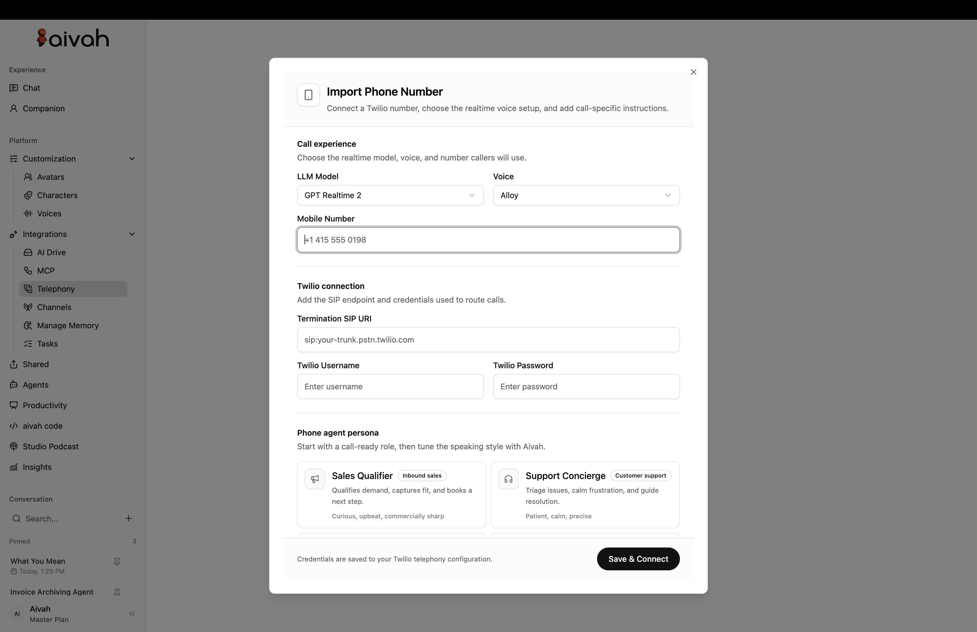 Current Aivah phone number import form