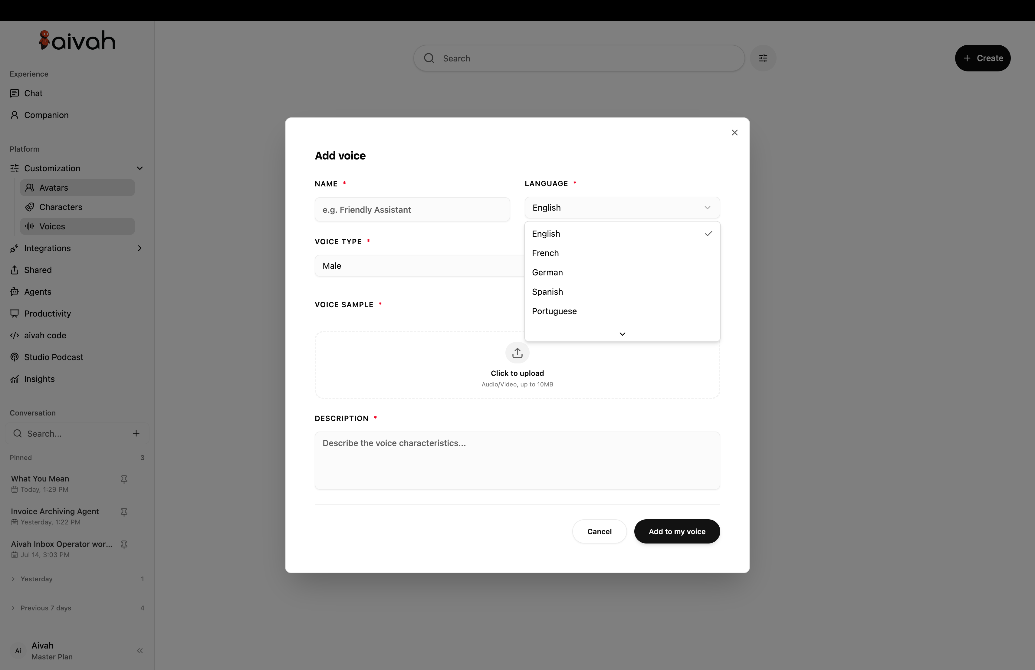 Current Aivah voice language selector